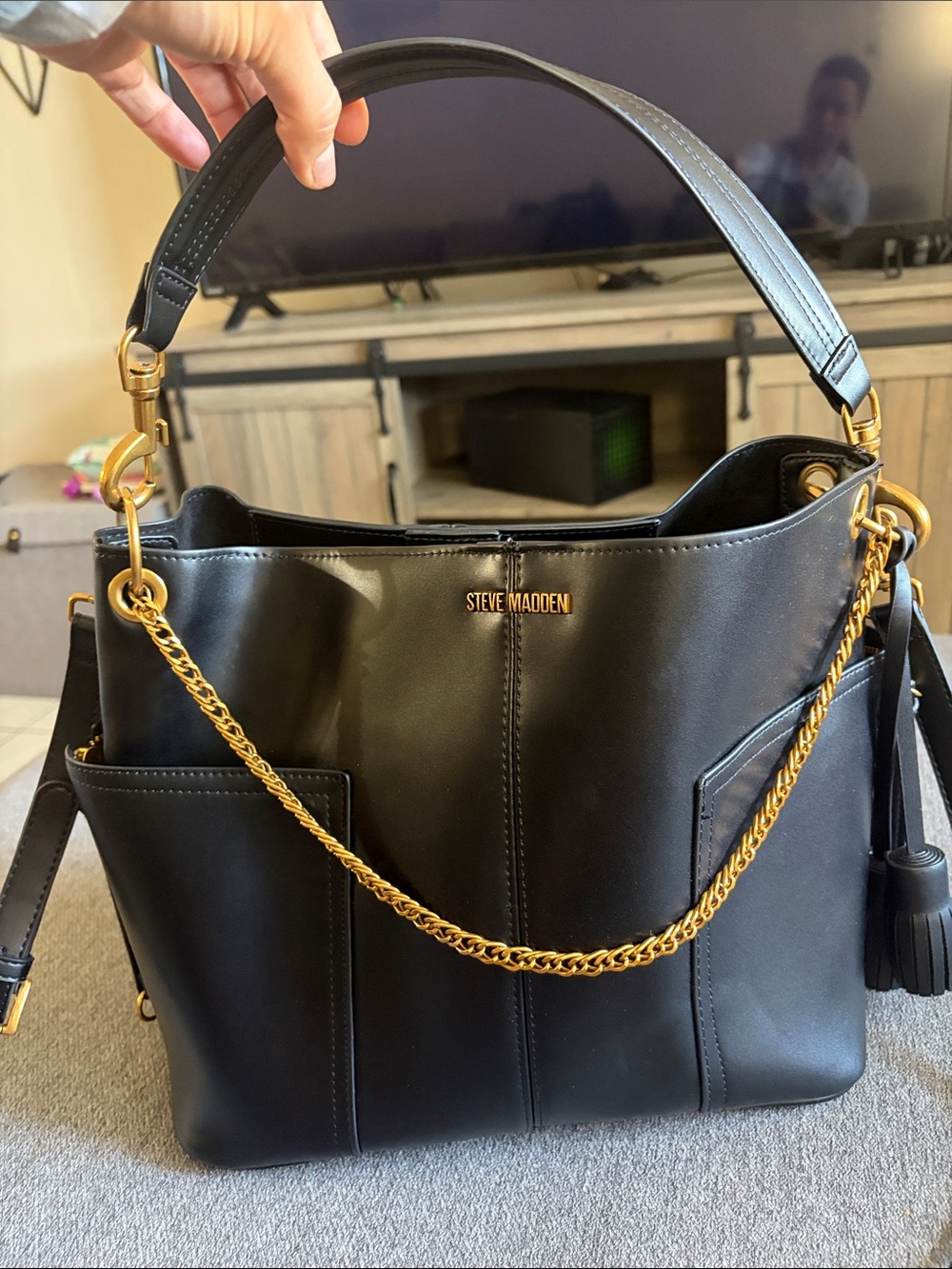 Steve Madden Black Shoulder Bag with Gold Chain